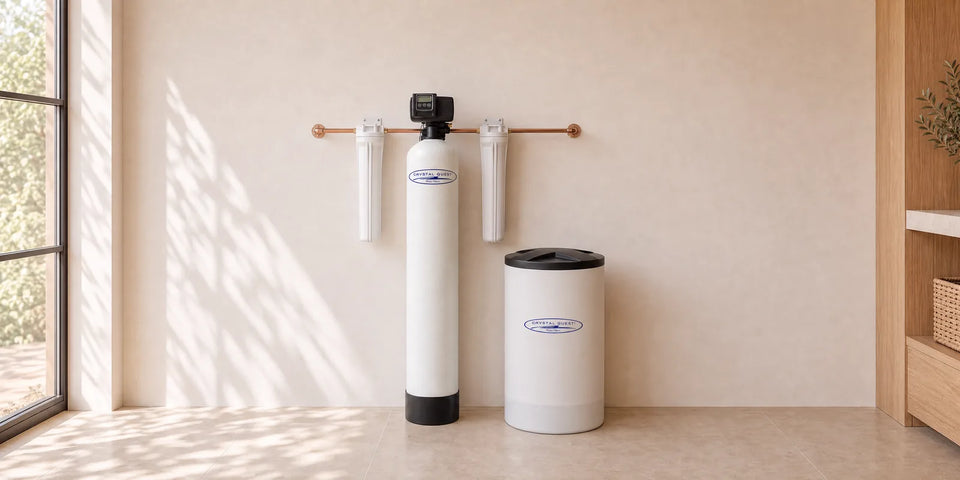 Whole House Water Softener: a resin tank, a brine tank and two filter housings in an illustrative utility room