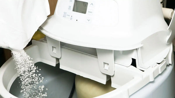 Salt being added to the brine tank of a residential water softener with a digital control head
