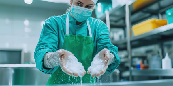 Food service worker in a mask, hairnet and green apron rinsing soapy gloved hands over a stainless steel sink in a commercial food prep area