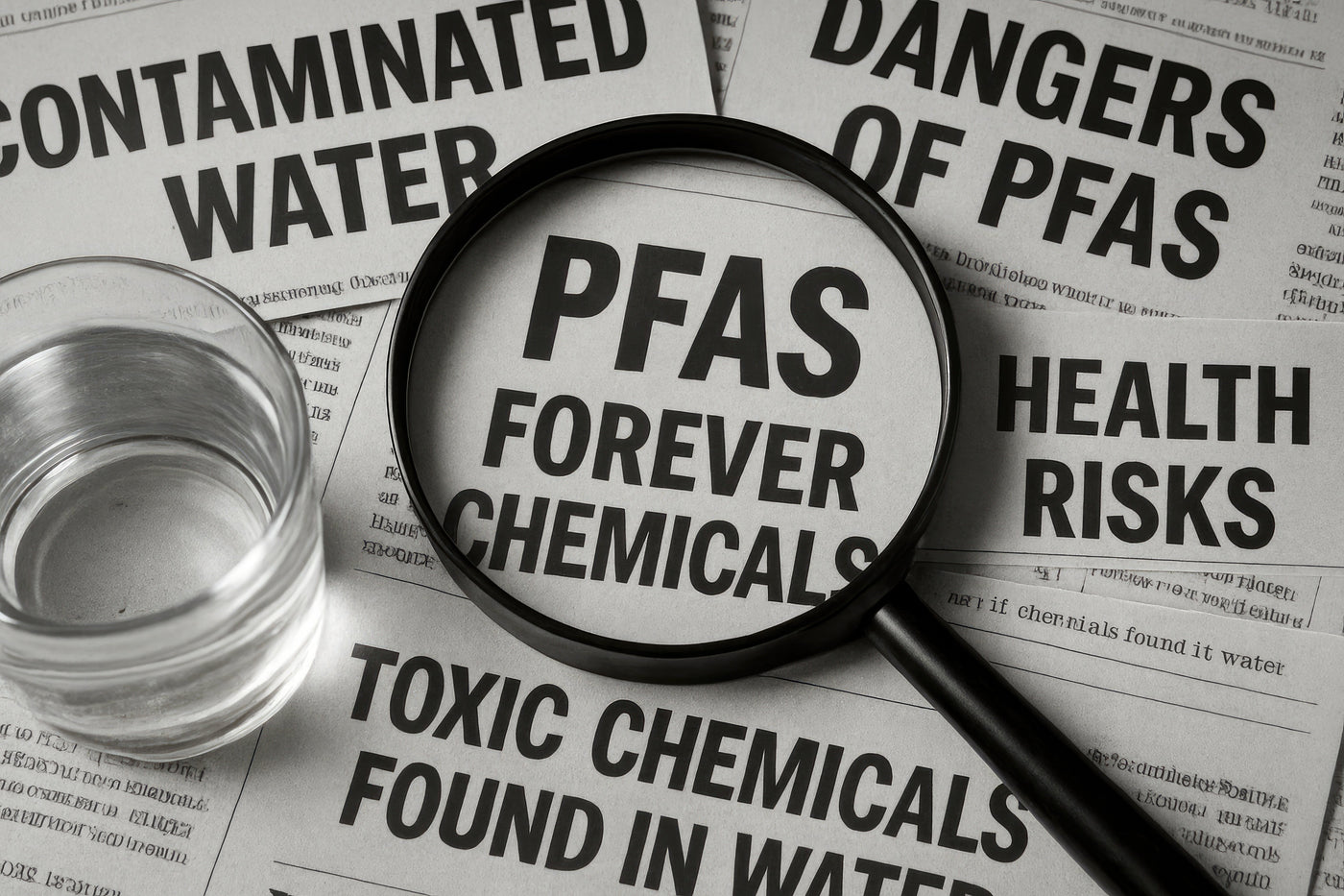 Family filling a glass at a kitchen sink with PFAS-free filtered water
