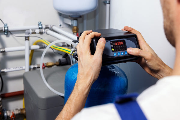 Adjusting the control valve on a home water softener, where the bypass valve is located