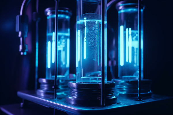 Glowing blue ultraviolet water disinfection lamps in a UV sterilizer chamber