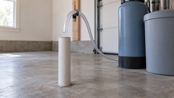 Clear softener drain tube held above an open PVC standpipe on a residential garage floor, with the softener and brine tank behind it