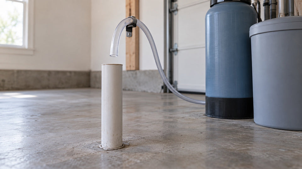 Clear softener drain tube held above an open PVC standpipe on a residential garage floor, with the softener and brine tank behind it