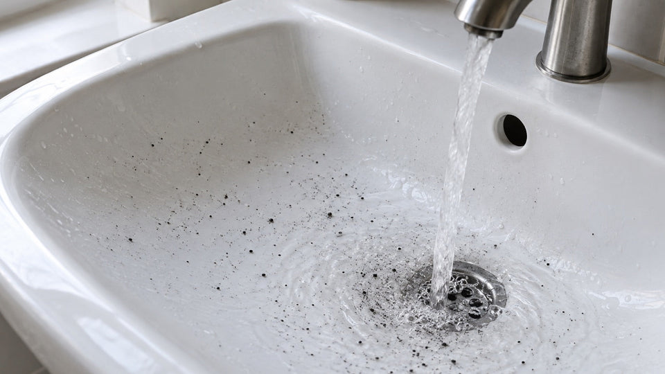 Small black specks scattered across a white sink basin under a running cold tap