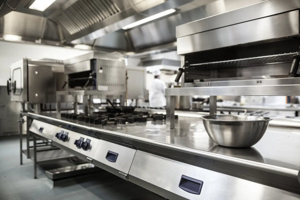 Stainless steel commercial restaurant kitchen, the foodservice setting where a commercial ice machine and its water filtration operate