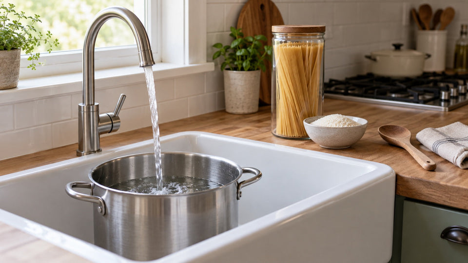 Stainless steel stockpot filling with cold water from a kitchen faucet beside a jar of dry spaghetti and a bowl of rice