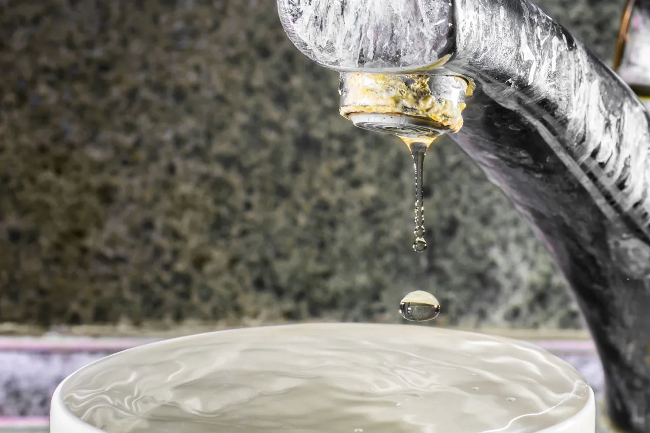 Corroded kitchen faucet dripping into a cup of cloudy, discolored tap water
