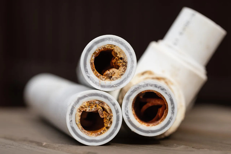 Three cut pipe ends clogged with heavy rust and mineral scale from untreated well water