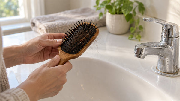 Hands holding a wooden paddle hairbrush with loose brown strands caught in the bristles above a white bathroom sink, beside a chrome faucet with white mineral spots