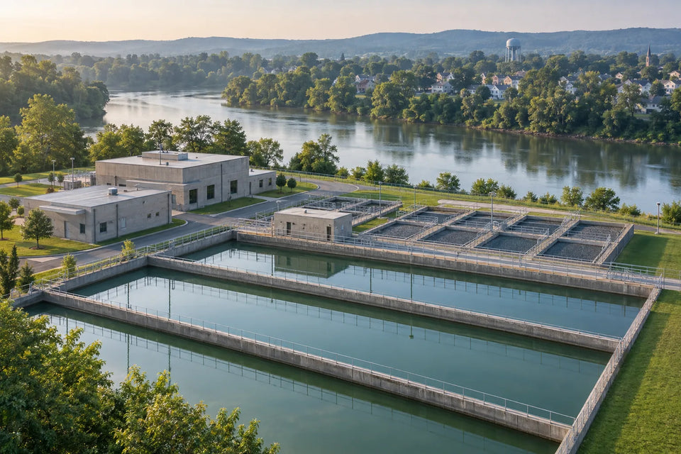Aerial view of a city drinking water treatment plant with long settling basins and square filter beds beside a river, with a town and water tower in the distance