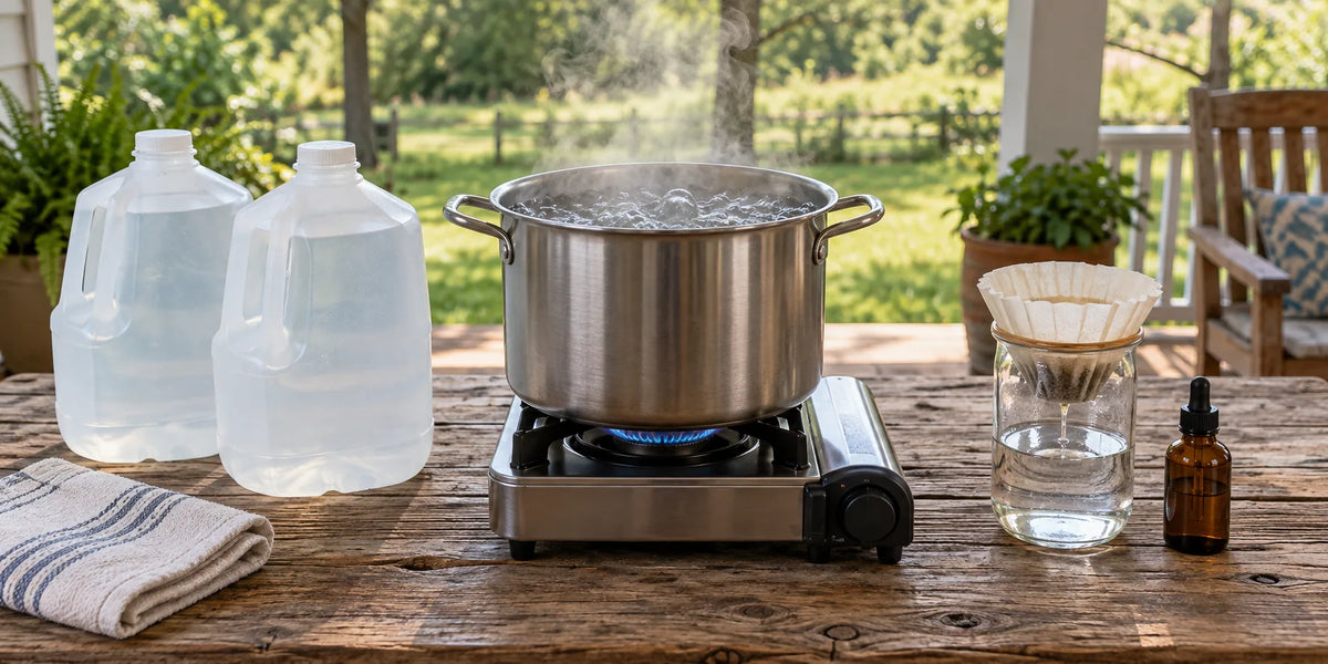A pot of water at a rolling boil on a portable camp stove on a covered porch table, next to two gallon water jugs, a jar with a coffee filter and a small amber dropper bottle