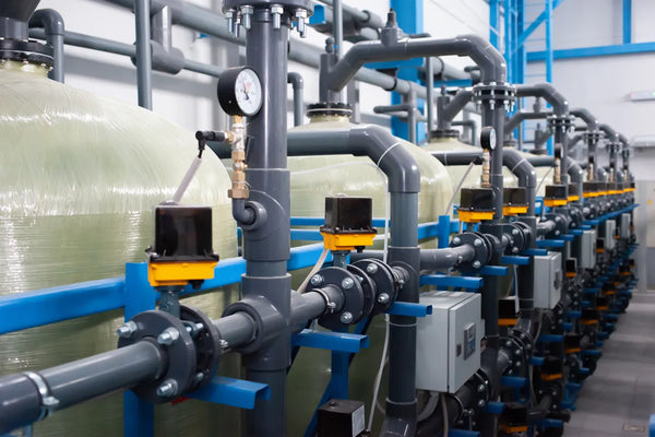 Row of commercial water softener and filtration tanks with valves in a hotel mechanical room