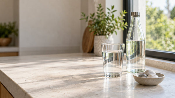 A glass of still water beside an unlabeled glass bottle and a dish of pale stones on a sunlit stone kitchen counter
