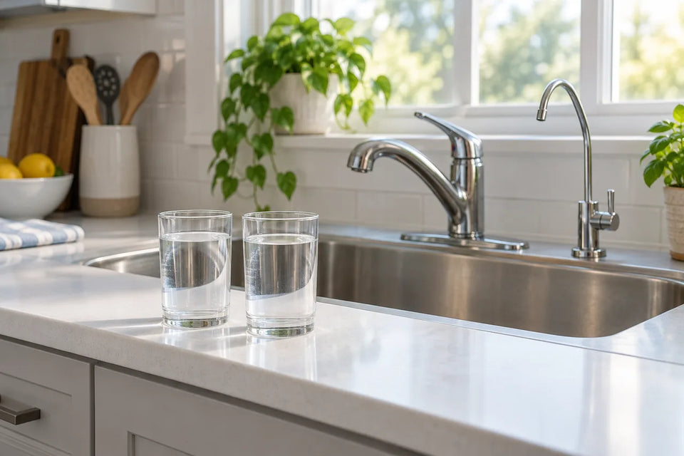 Two glasses of water on a white kitchen counter in front of a stainless steel sink with a regular faucet and a separate drinking water faucet