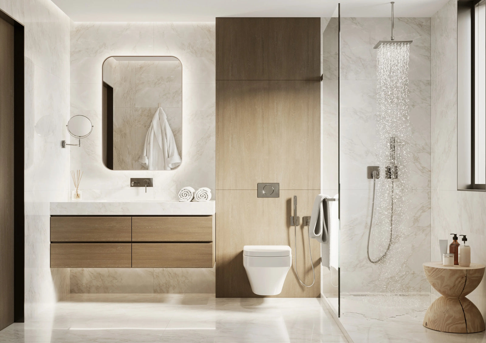modern bathroom with light flooring and nice materials