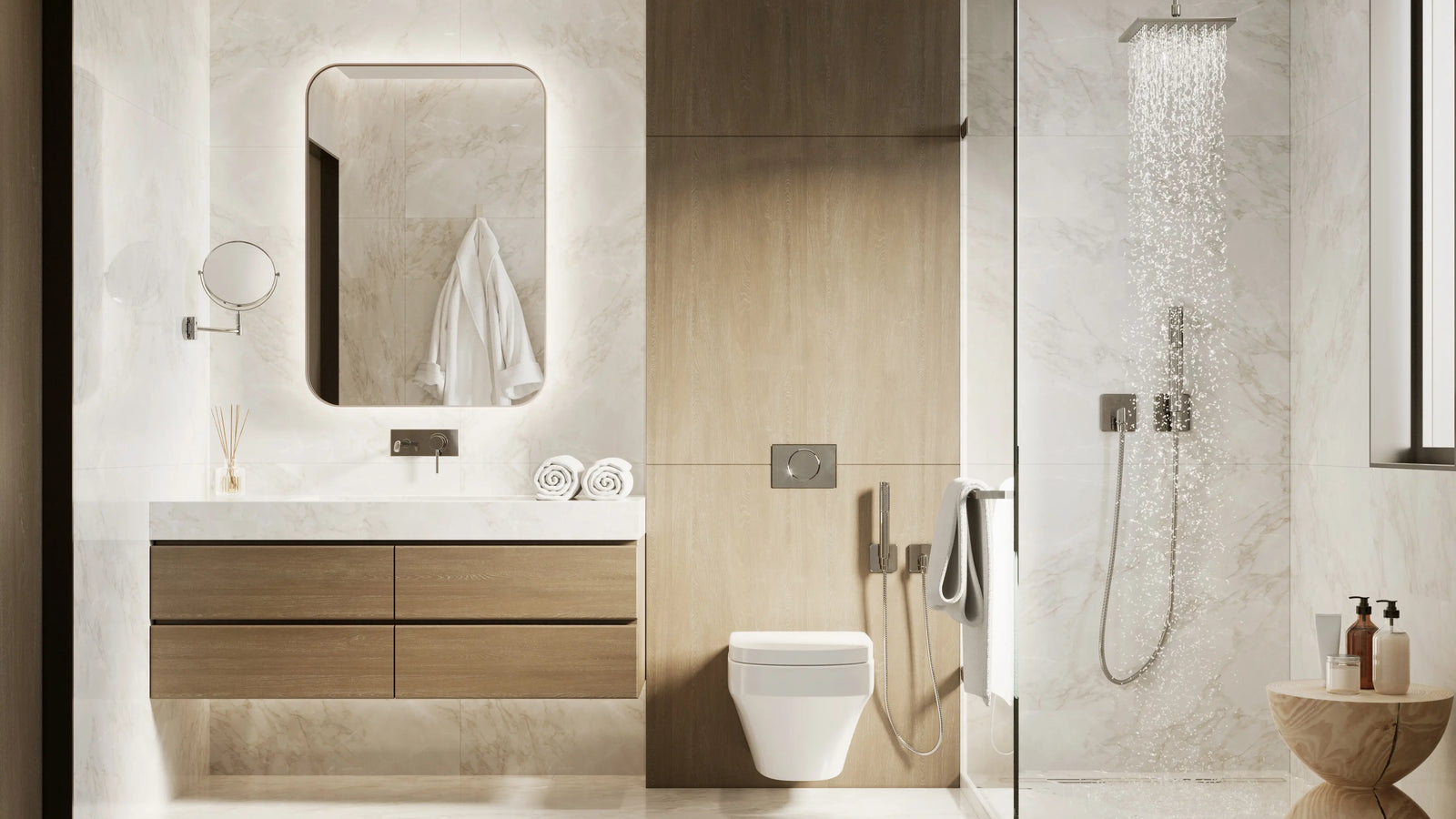 modern bathroom with light flooring and nice materials