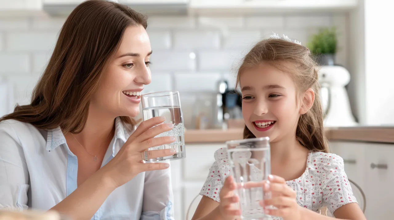 Mother and daughter smiling and drinking glasses of clean water together in a bright home kitchen