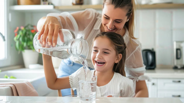 Mother pours filtered water from a pitcher into a glass for her daughter in a bright kitchen, a cheaper alternative to buying bottled water