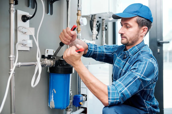 Plumber installing a whole house water filter housing on the main line
