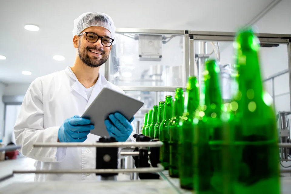 Technician with a tablet inspecting green bottles moving along a beverage bottling line