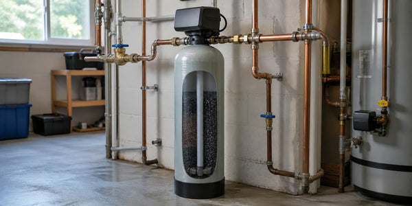 Installed whole-house water filter with a partial cutaway revealing the media bed and internal water-routing tube