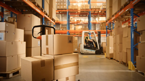 Cardboard boxes on a pallet jack in a fulfillment warehouse with a forklift moving freight in the background
