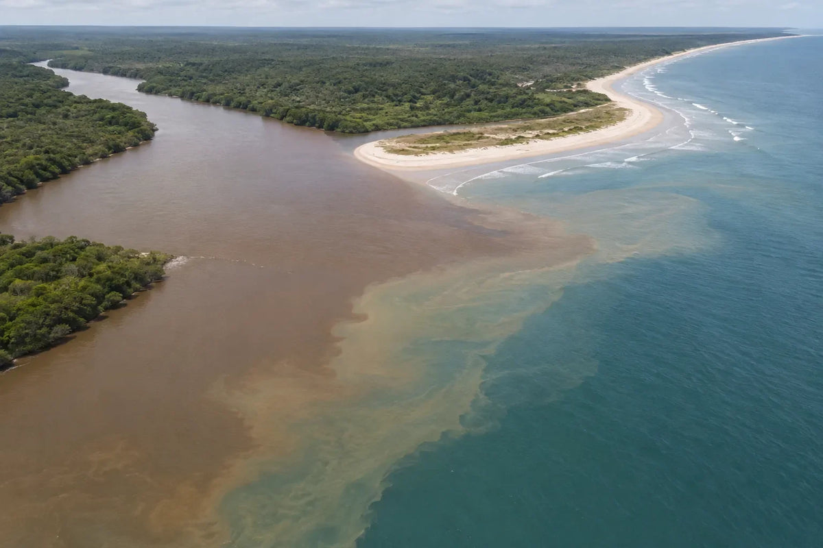 Aerial view of a brown river flowing into blue-green seawater at a river mouth, with a swirling line where the fresh and salt water mix