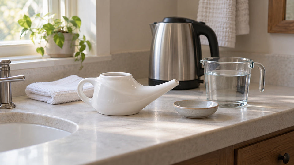 White ceramic neti pot beside a small kettle and a glass measuring cup of water on a bathroom counter