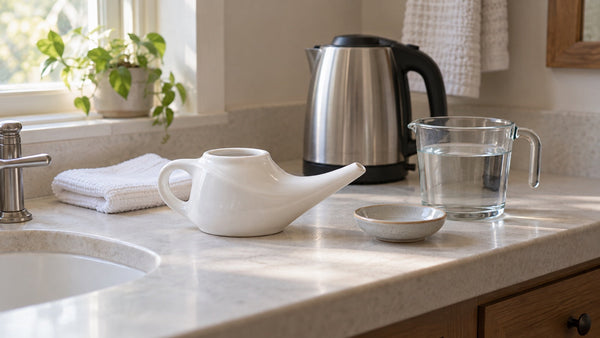 White ceramic neti pot beside a small kettle and a glass measuring cup of water on a bathroom counter