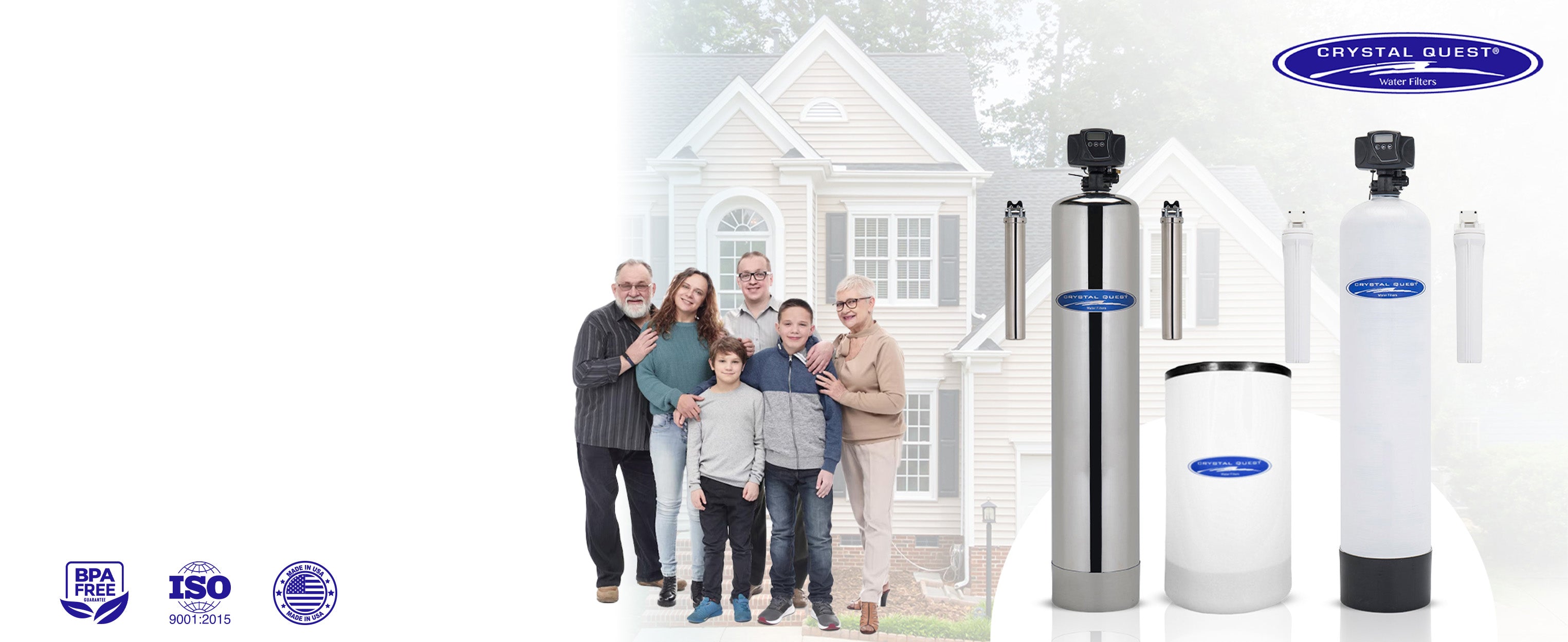 Family standing in front of a house with water filtration systems on a white background