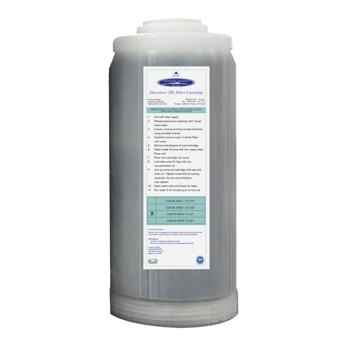4-5/8" x 9-3/4" Ultra High Purity Demineralizing (DI) Cartridge for TDS Reduction - Water Filter Cartridges - Crystal Quest Water Filters