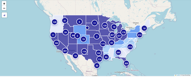 Preview of the interactive water hardness map with state hardness levels