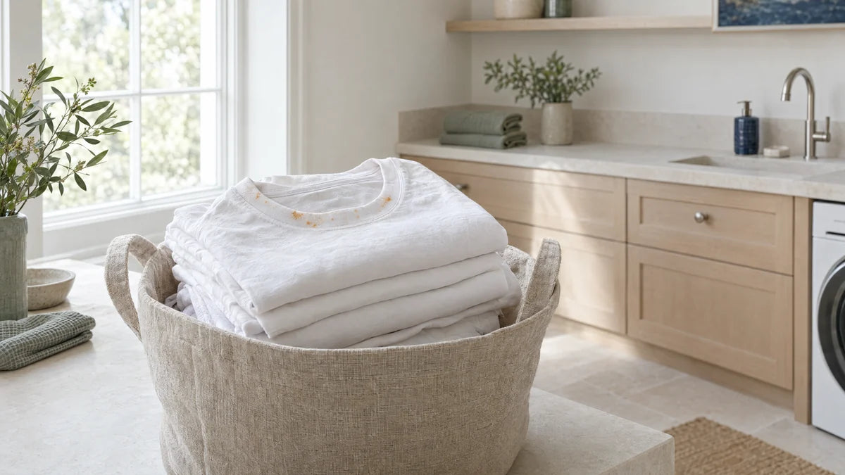 White shirts in a laundry basket with faint rust spots
