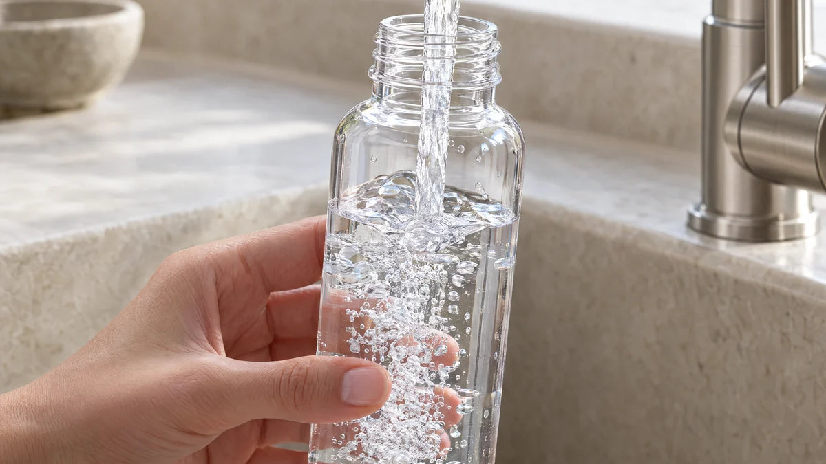 A sample bottle filling with water under a kitchen faucet