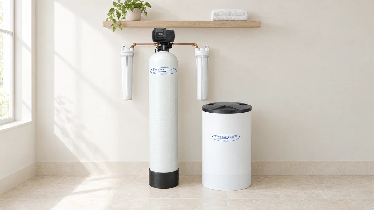 Crystal Quest whole house water softener and brine tank in an illustrative utility room