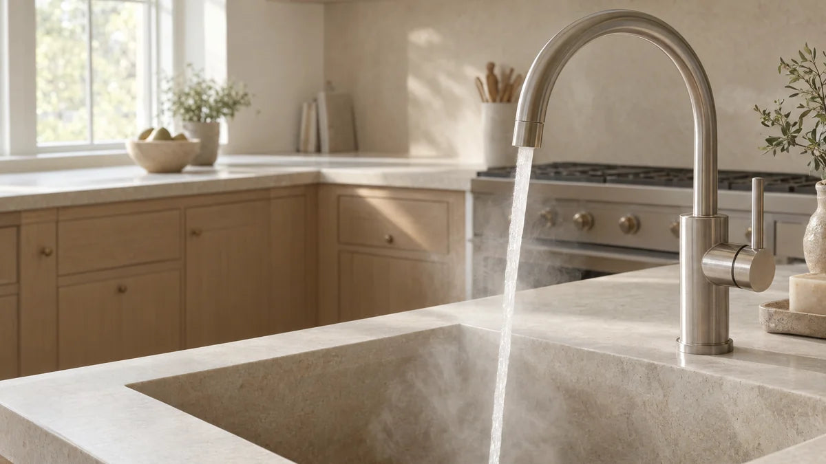 Hot water running into a stone sink with steam rising