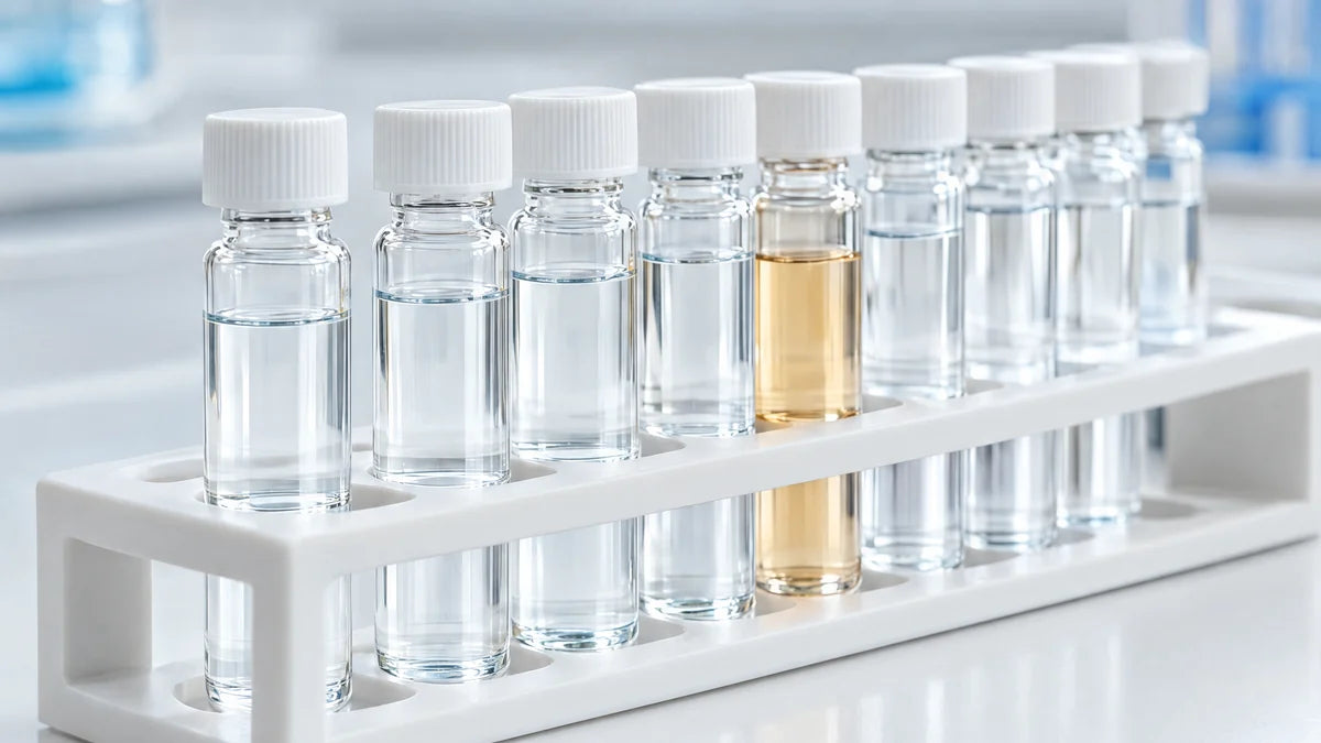Water sample vials in a rack on a lab bench