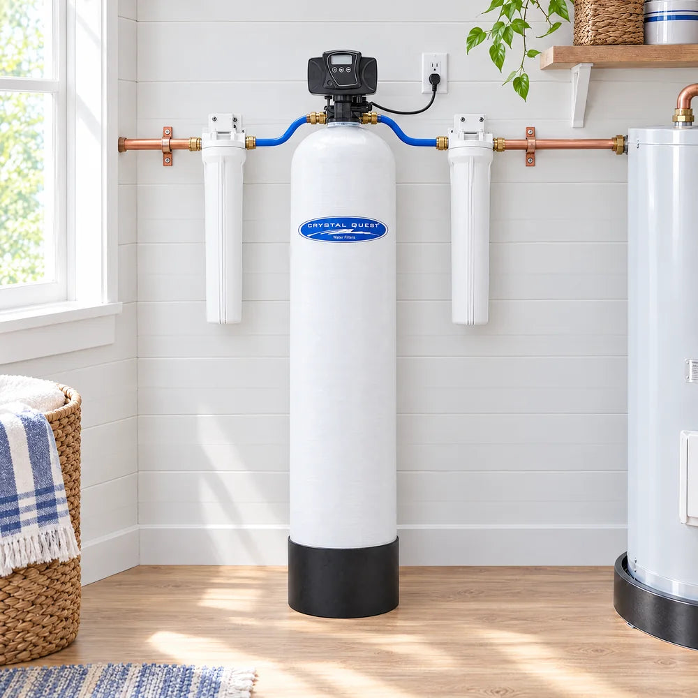 Whole house water softener tank between two filter housings, beside a water heater in an illustrative laundry room
