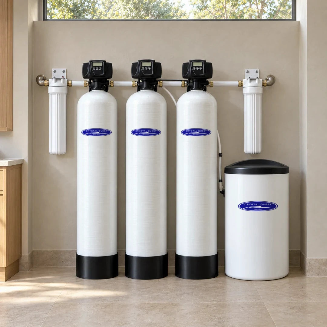Complete Well Water System shown in illustrative home utility rooms: three treatment tanks, a brine tank and two filter housings
