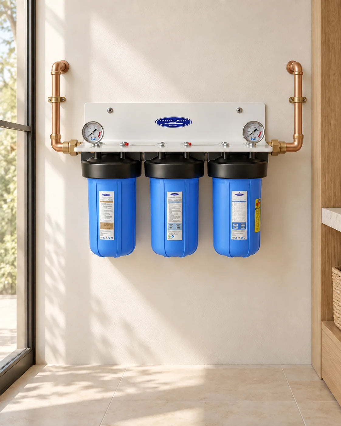 Compact Cartridge System: three blue cartridge housings with pressure gauges, wall mounted in an illustrative utility room