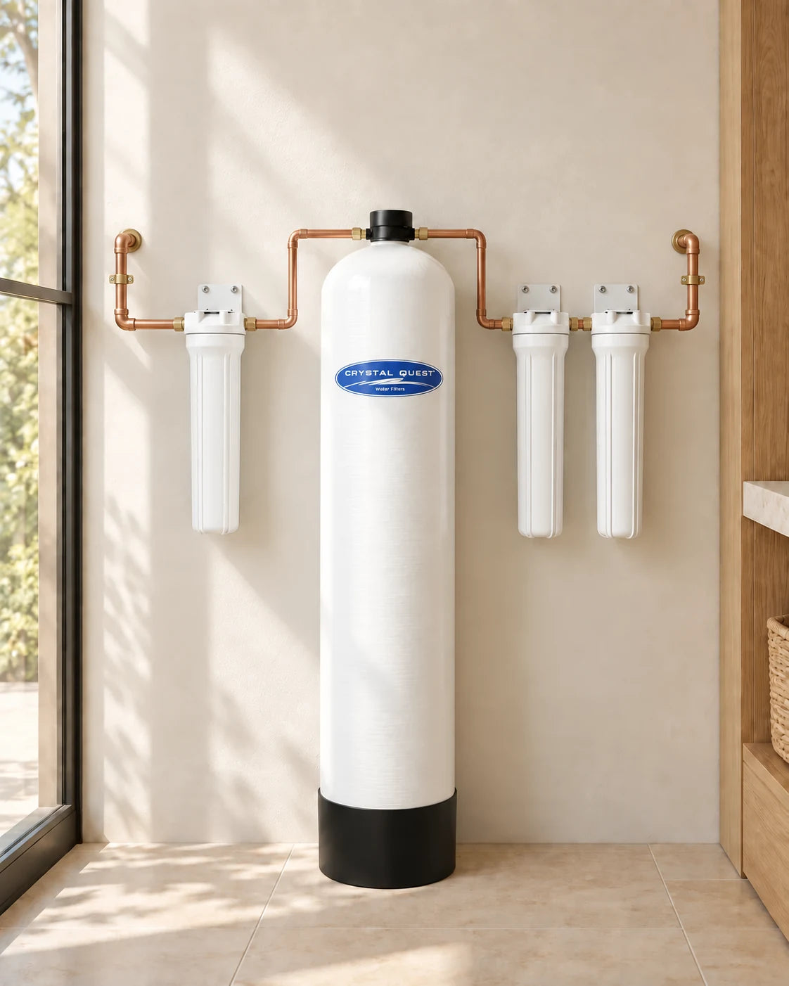 Salt-free Water Conditioner: a treatment tank and three filter housings in an illustrative utility room