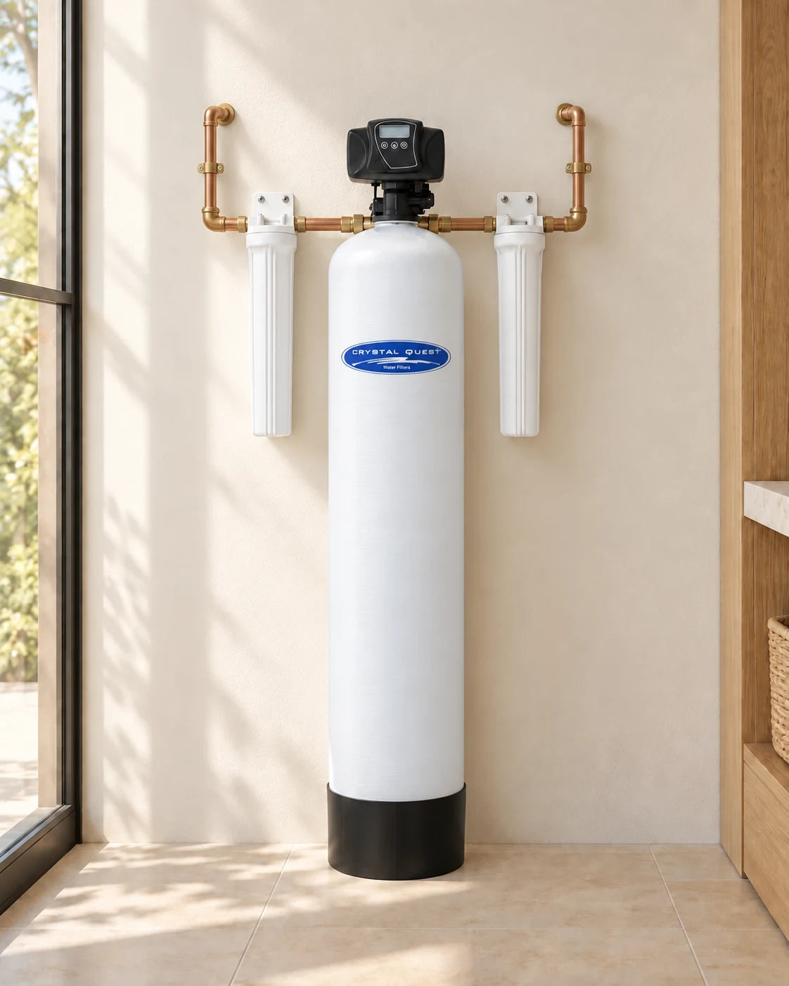 Iron and Sulfur Filter: one treatment tank between two filter housings in an illustrative utility room
