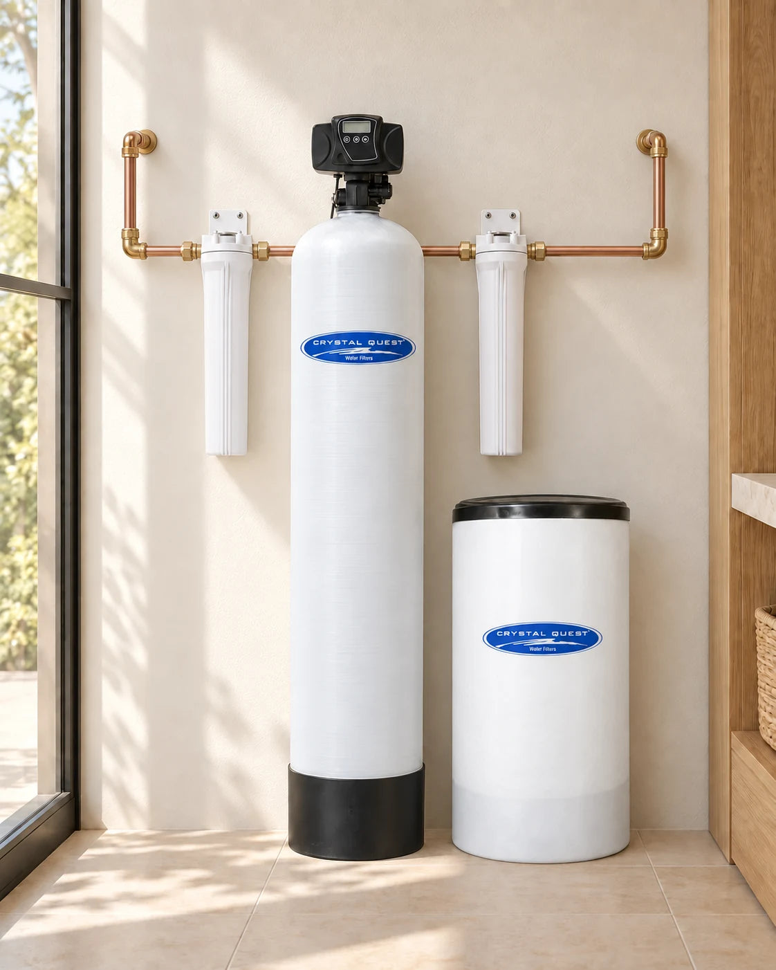 Tannin Removal System: a treatment tank, a brine tank and two filter housings in an illustrative utility room