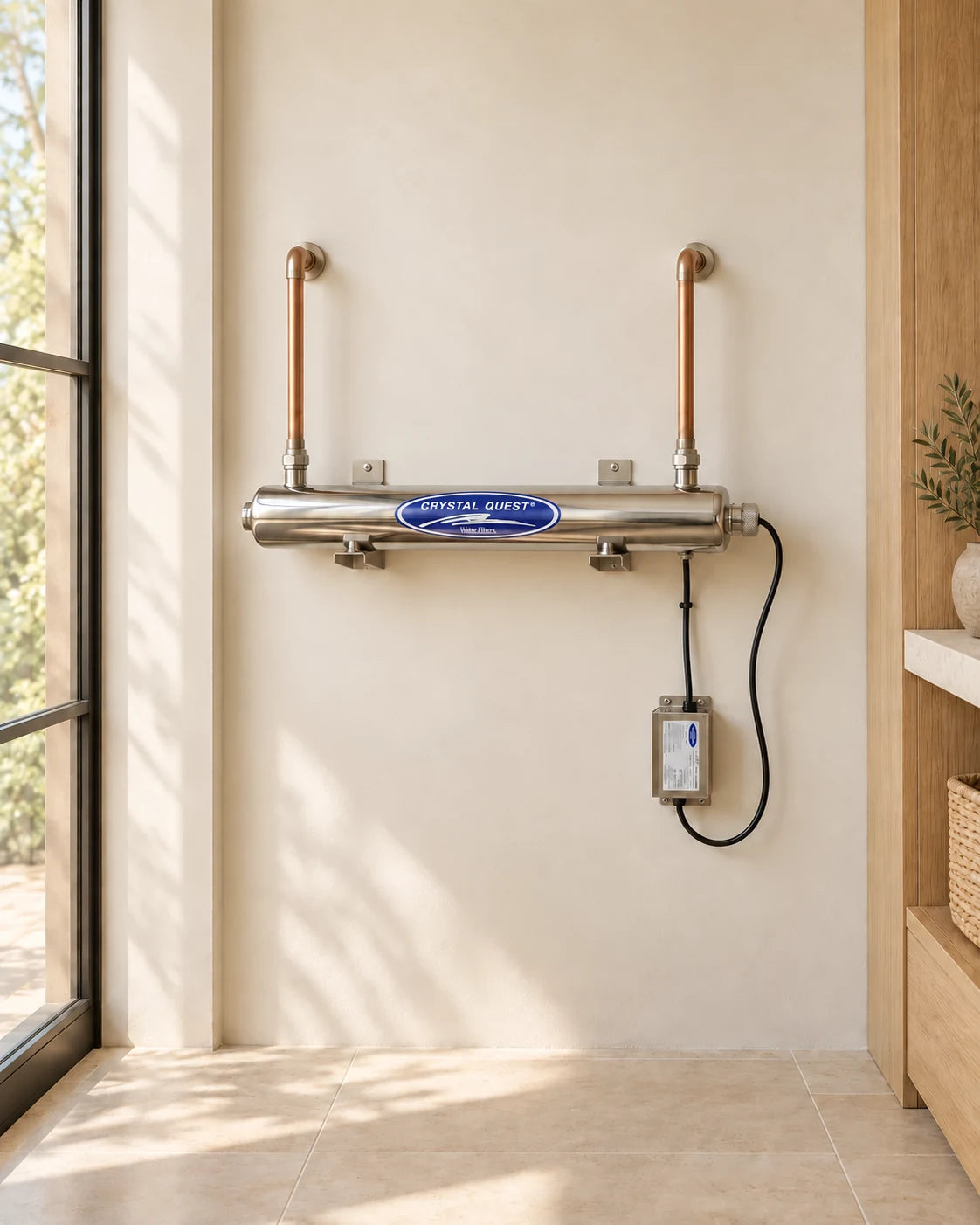Ultraviolet Water Sterilizer: a stainless steel UV chamber and power unit, wall mounted in an illustrative utility room