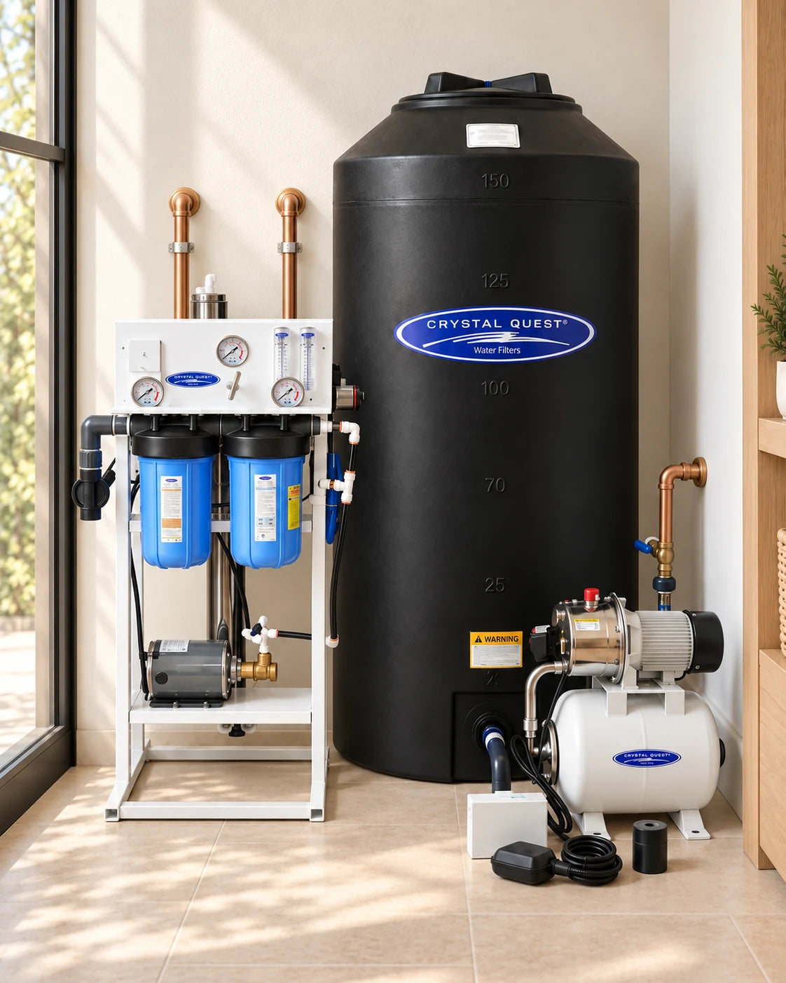 Whole-house reverse osmosis unit with two blue prefilter housings, a black storage tank and a delivery pump in an illustrative utility room