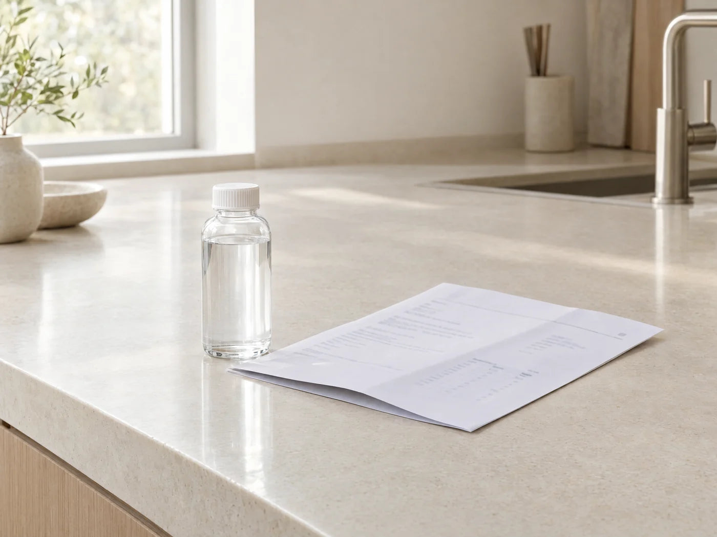 A water sample bottle beside a printed lab report