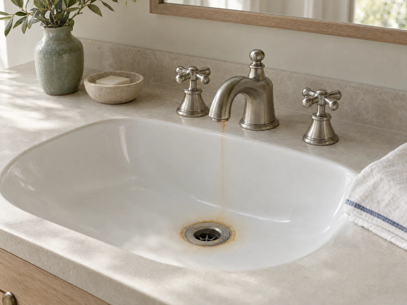 An orange iron stain ring around a white sink drain