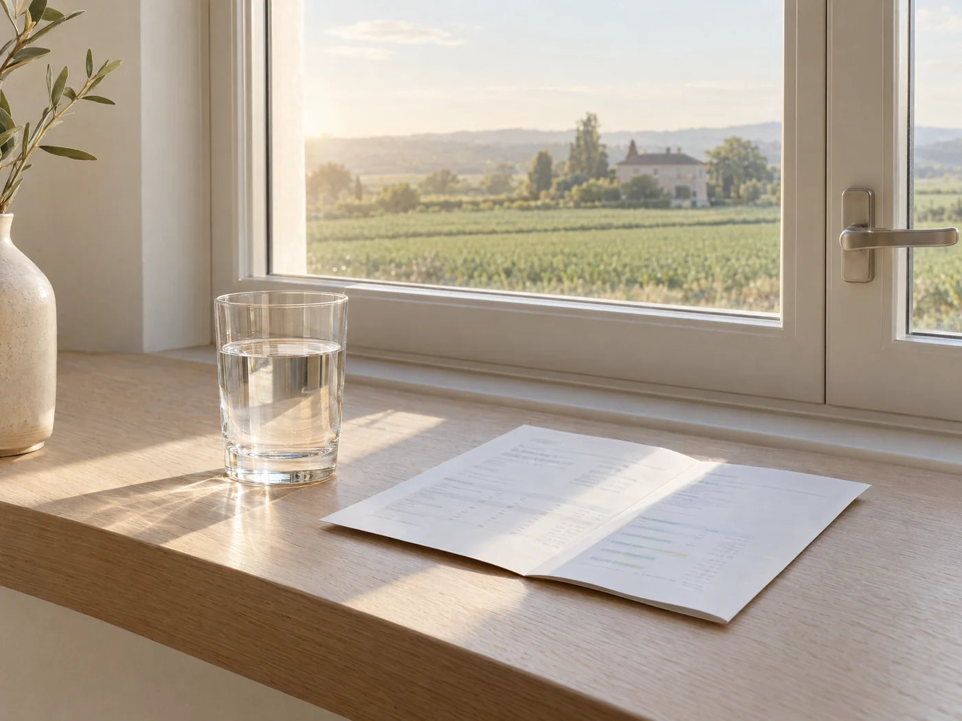 A glass of well water and a test report by a window over farm fields