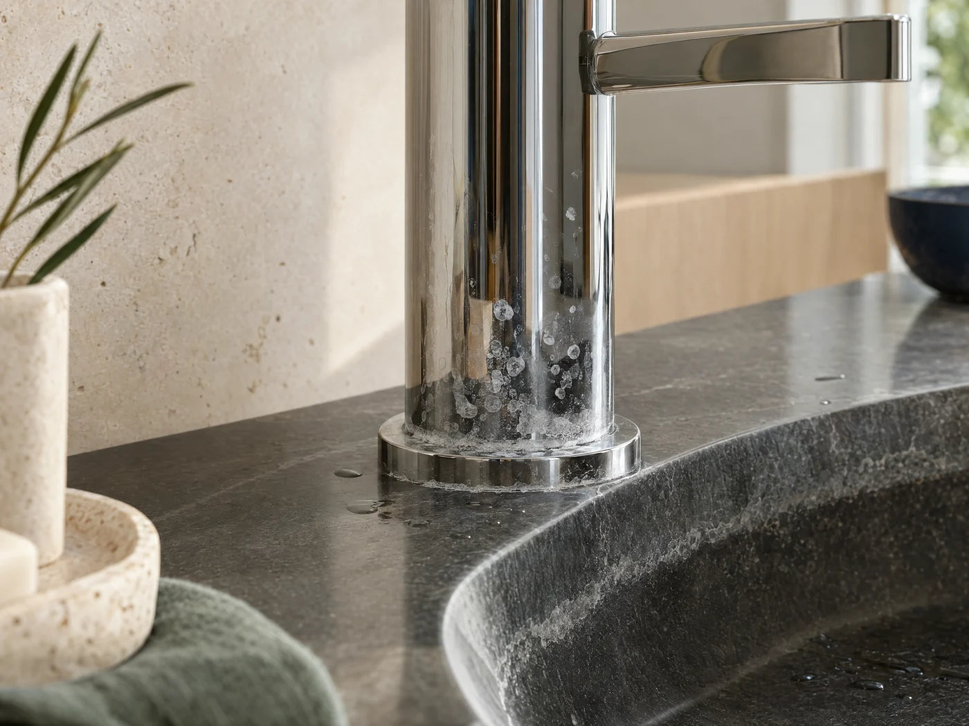 White limescale on a chrome faucet base